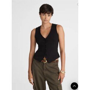 Madewell Rib Knit Vest Sleeveless Button Front V-Neck Top Black Size M #NX530